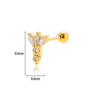 Golden crown zircon cartilage stud earring with screw ball back and dimensions