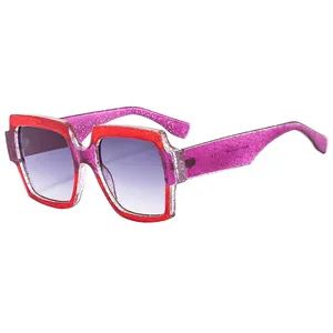 Oversized square glitter frame sunglasses with purple gradient lenses for women