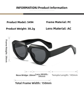 Detailed size specifications for irregular geometric sunglasses with PC frame and AC lenses