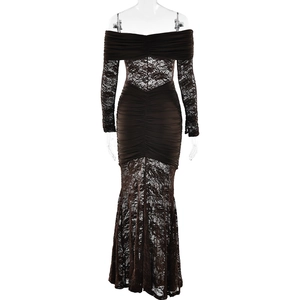 Close-up of elegant dark brown lace long sleeves and slim fit textured fabric detailing