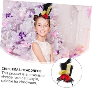 Close-up of Halloween mini top hat headband with red roses and elegant black feathers