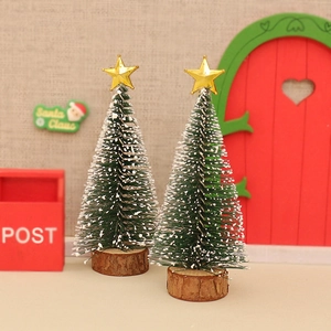 Miniature Christmas Tree Decoration Plastic Snow Frosted Pine With Wood Base Gold Star Tabletop Holiday Ornament