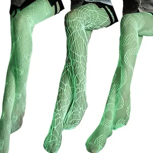 Bas Résille Lumineux Brillent Dans Le Noir Vert Néon Motif Ajouré Chaussettes Hautes Pour Femmes Halloween Fête Clubwear