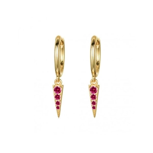 Detail of gold triangle drop earrings with four pink-purple crystals on white background