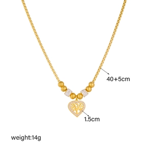 Golden titanium steel tree of life heart necklace with sparkling crystals and bead chain