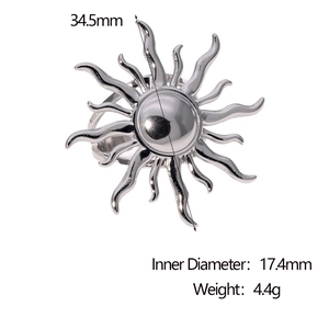 Detailed size chart showing 17.4mm inner diameter and sunburst pattern on steel ring