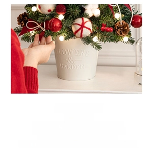 Mini tabletop Christmas tree with pine cones, red berries, and warm LED lights in a white pot