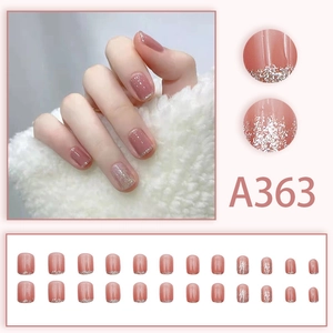 Short nude pink french press-on nails with silver glitter gradient tips, 24pcs set