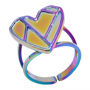 Detail of a geometric heart ring with a rainbow gradient finish and adjustable band