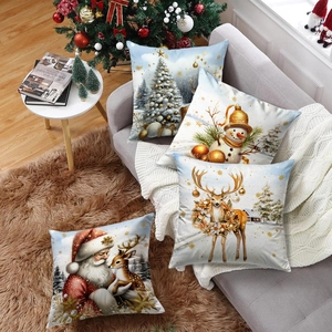 Set of four Christmas pillow covers with Santa Snowman Reindeer and Snowflake patterns