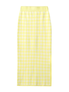 Detail of yellow and white plaid knit pencil skirt with high waist textured fabric