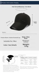 Size chart for men's cotton baseball cap with head circumference measurements