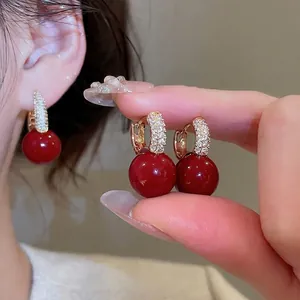 Red Round Resin Bead Hoop Drop Earrings With Zircon Paved Alloy And Silver Earring Post Vintage Elegant Jewelry Women
