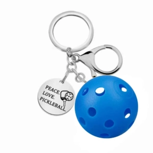 Blue pickleball keychain with stainless steel peace love pickleball engraved round charm