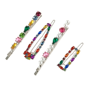 Lot de 4 barrettes à cheveux en alliage argenté avec strass colorés et perles blanches