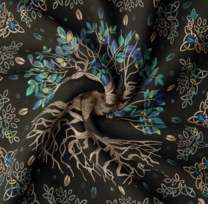 Detailed close-up of Tree of Life tapestry fabric with intricate Celtic knot patterns