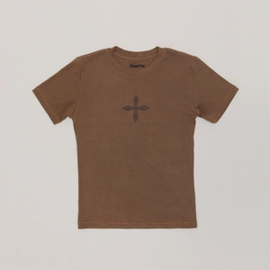 Detail of dark brown cotton T-shirt featuring a subtle cross star logo print on the chest