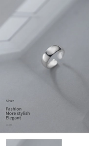 Minimalist S925 silver wide band ring with polished mirror finish and adjustable opening