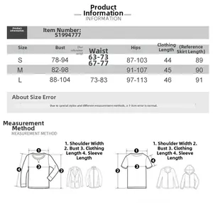 Detailed size chart for women's backless top and slit skirt set in S, M, L sizes