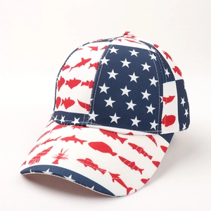 Detail view of 3D printed stars and fish pattern on a red, white and blue baseball cap