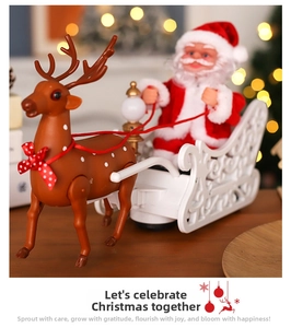 Detailed view of an electric Santa Claus figurine riding a white sleigh pulled by a reindeer