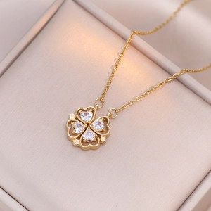 Golden clover necklace with pink heart zircons in premium jewelry box for women