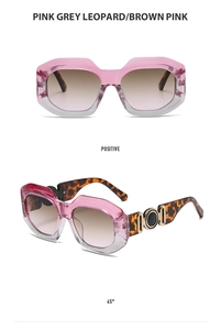 Detailed front and side views of oversized gradient pink frames with leopard print arms