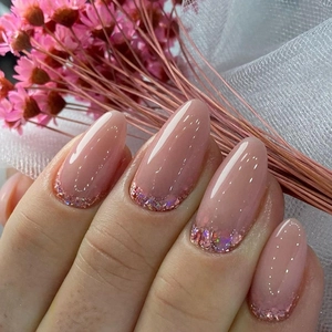 Almond Shape Press On Nails Medium Length Glitter Gradient Nude Pink Resin Full Cover Glossy Artificial False Nails For Women