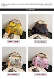 Detail view of four Chinese embroidery handbags with silk tassels and wooden handles