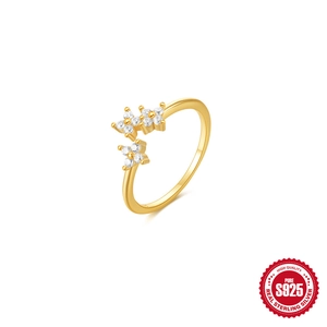 Adjustable S925 sterling silver gold ring featuring three diamond petal flower patterns