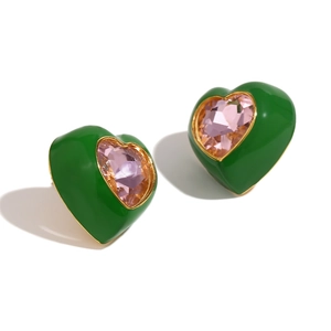 Boucles d'oreilles cœur en cristal rose avec émail vert et placage en or 18 carats