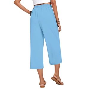 Rear view of sky blue high-waisted wide-leg linen pants with elastic drawstring waist