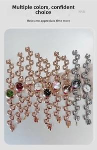 Detailed display of quartz watches with irregular hollow metal bracelets in various colors