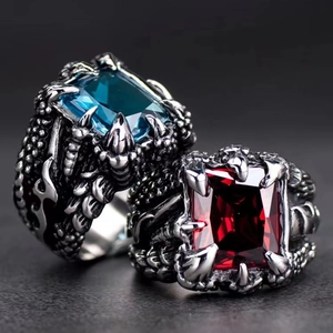 Gothic dragon claw ring for men featuring vibrant red and blue zircon stones in silver