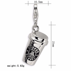 Detailed dimensions of silver coffee cup pendant with 21mm height and 5.63g weight