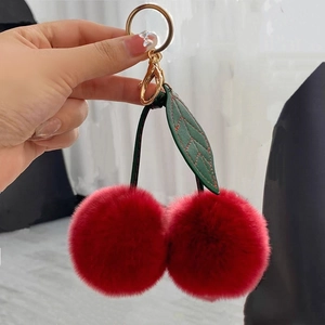 Rex Rabbit Fur Cherry Keychain Pom Pom Bag Charm Pendant With Leather Leaf Metal Keyring Cute For Women