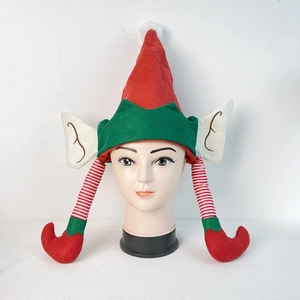 Front view of creative Christmas elf hat with pointed top and long striped legs detail