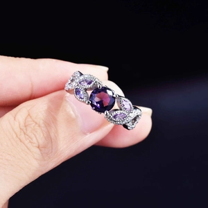 Vintage silver ring with round purple amethyst and micro paved zircon diamonds
