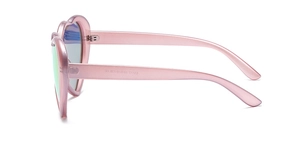Detail of pink heart-shaped sunglasses showing temple size 52-18-138 and CE mark