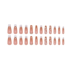 French tip coffin fake nails with heart patterns and pearls, set of 24 pieces