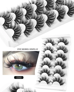 Detail showing 8D faux mink lashes CD22 on a white tray with an eye model demonstration