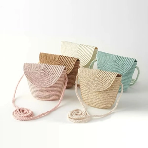 Detailed set of handmade summer straw crossbody bags in five assorted pastel colors