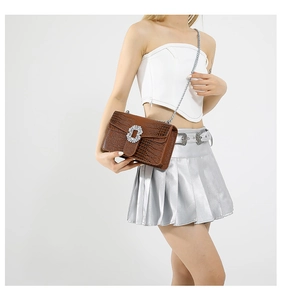 Brown crocodile pattern crossbody bag with a shiny silver crystal square buckle detail