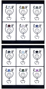 Multiple heart-shaped crystal stone cards showing various colors and textures on black background
