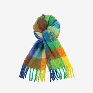 Rainbow mohair plaid long scarf with tassels in vibrant blue green and yellow tones