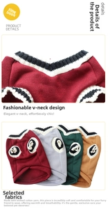 Detailed view of V-neck knitted cotton pet sweaters in red, grey, green, and yellow
