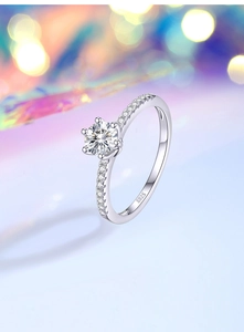 Detail shot of S925 sterling silver ring showing hallmark and six-prong moissanite setting