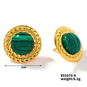 Detail of green malachite stone stud earrings with gold textured edges and 2cm size mark