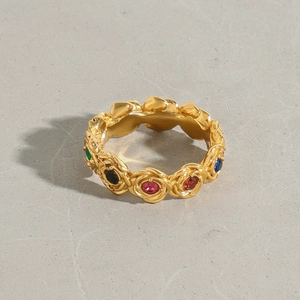 Bague rose vintage dorée avec zircons colorés en acier inoxydable pour femme