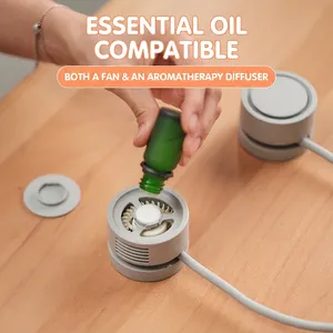 Grey 2-in-1 portable neck fan and aromatherapy diffuser on wooden desk with essential oil